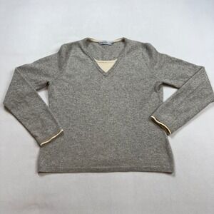Colour Works Womens L 100% Pure Cashmere V-Neck Sweater Grey Layered Look Trim